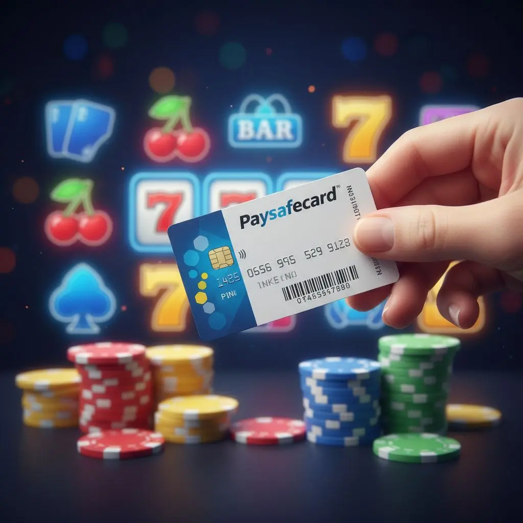 Paysafecard voucher v ruce před online casino prostředím