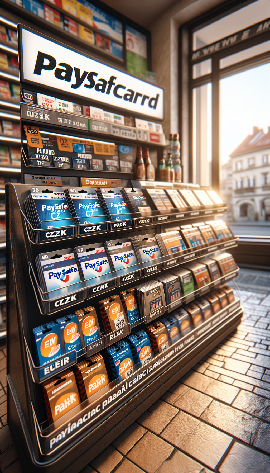 Regál s Paysafecard v české trafice – různé hodnoty předplacených karet.