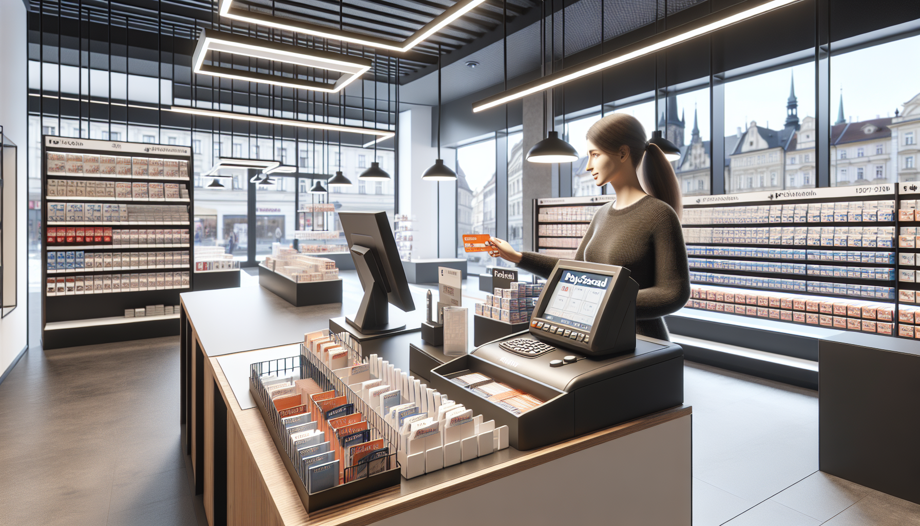 Žena kupující paysafecard v pražské trafice u pokladny.