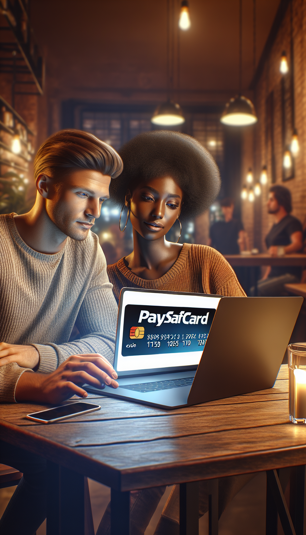 Mladí lidé používající paysafecard k online platbě v pražské kavárně.