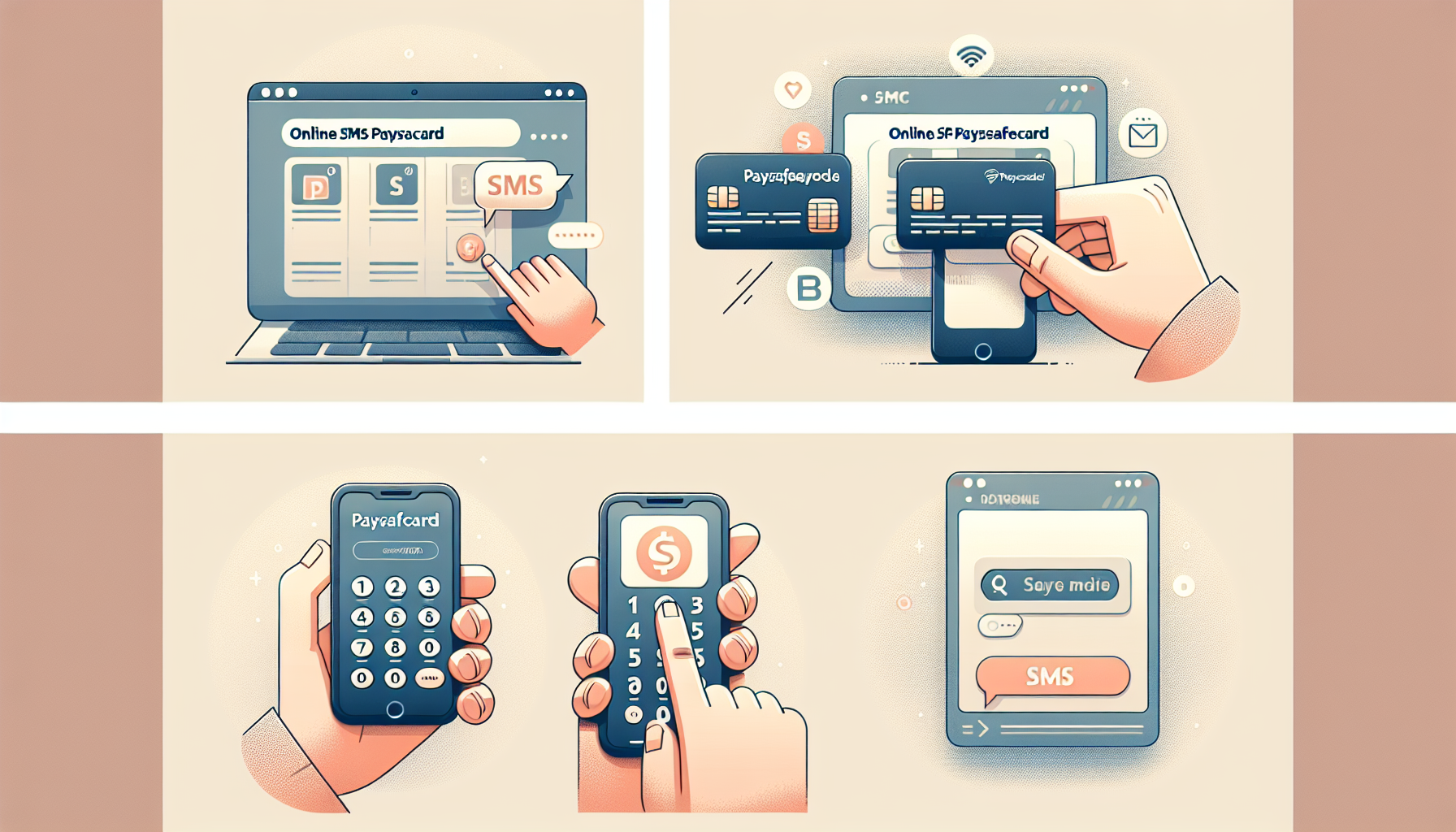 Proces koupě Paysafecard přes SMS krok za krokem v ilustracích