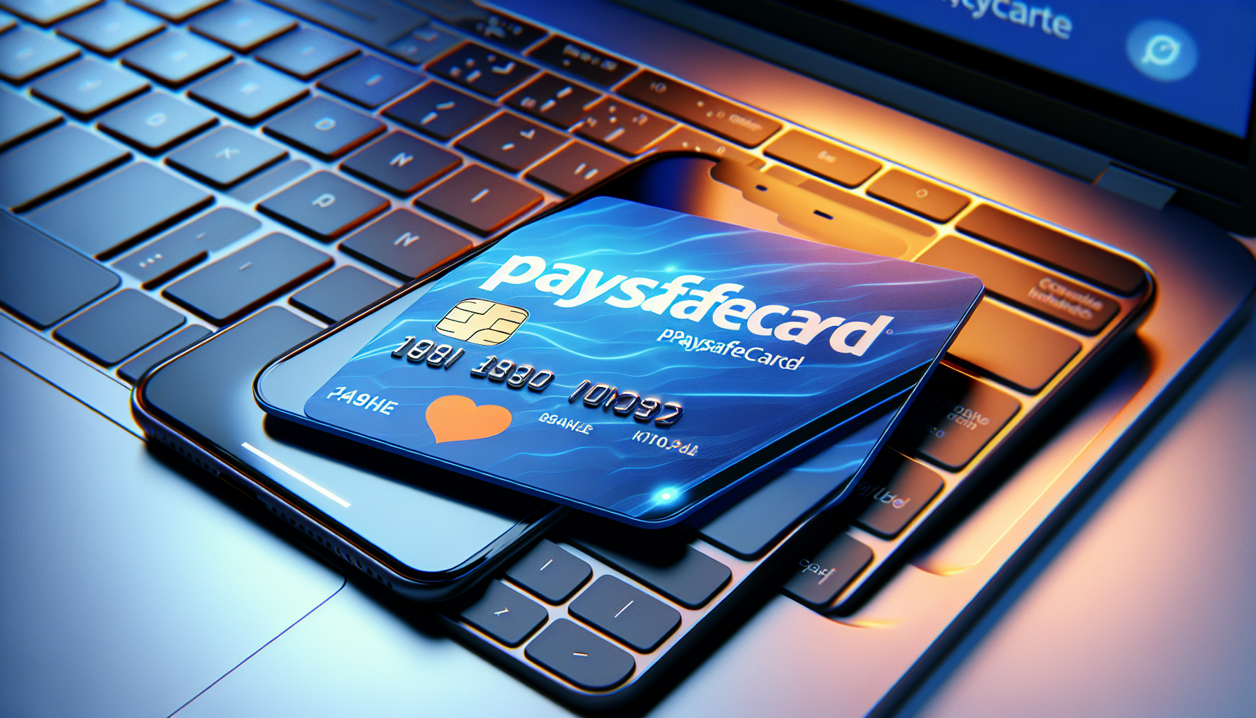 Paysafecard karta připravená k online placení na notebooku.